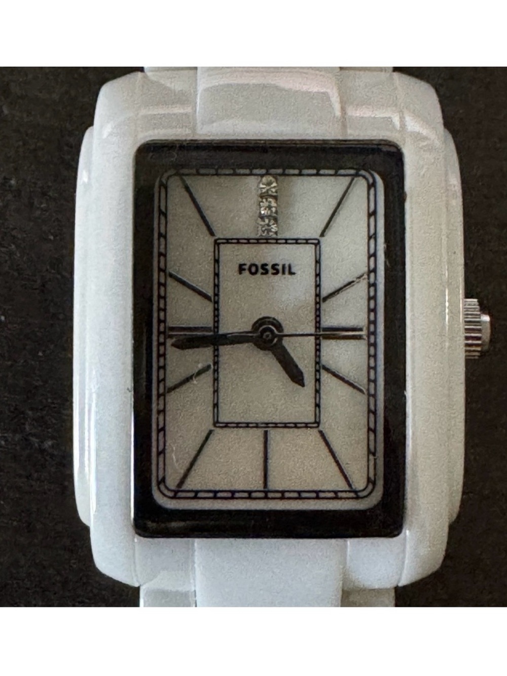 Fossil White Ceramic Rectangular Watch with Black Dial Accents